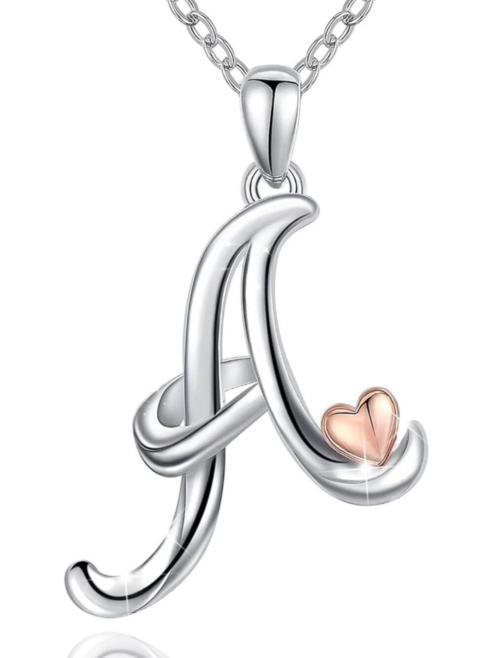 Women's Initial A Necklace Sterling Silver Letter Pendant Rose Gold Heart Chain